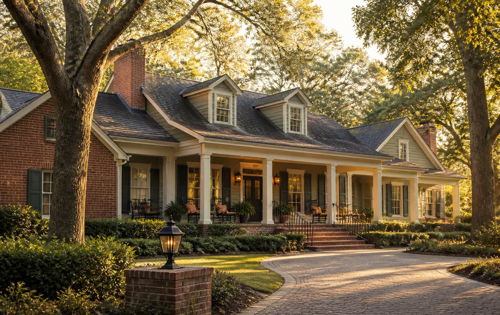 The front porch and brick facade of The Matthews House in late afternoon light